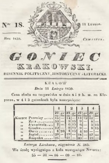 Goniec Krakowski : dziennik polityczny, historyczny i literacki. 1830, nr 18
