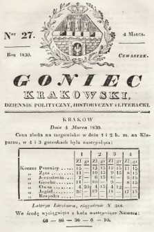 Goniec Krakowski : dziennik polityczny, historyczny i literacki. 1830, nr 27