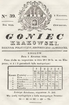 Goniec Krakowski : dziennik polityczny, historyczny i literacki. 1830, nr 39