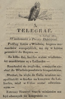 Telegraf : wiadomości z poczty dzisiejszej. 1821, [nr] 5