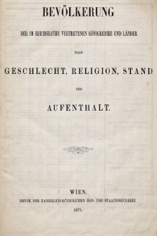 Bevölkerung nach Geschlecht, Religion, Stand und Aufenthalt. H.1