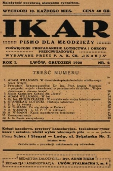 Ikar : pismo dla młodzieży : poświęcone propagandzie lotnictwa i obrony przeciwgazowej. 1928, nr 2