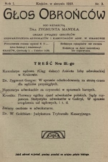 Głos Obrońców : organ Związku Obrońców Stowarzyszenia Adwokatów i Kandydatów Adwokackich. 1913, nr 3