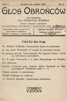 Głos Obrońców : organ Związku Obrońców Stowarzyszenia Adwokatów i Kandydatów Adwokackich. 1913, nr 4