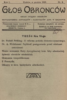 Głos Obrońców : organ Związku Obrońców Stowarzyszenia Adwokatów i Kandydatów Adwokackich. 1913, nr 6