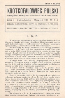 Krótkofalowiec Polski : miesięcznik poświęcony krótkofalarstwu polskiemu. 1929, nr 7-8