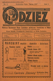 Odzież : pierwsze ilustrowane pismo zawodowe poświęcone krawiectwu w Polsce z dodatkiem sezonowym żurnali Mód : Organ Związku Pracodawców Krawieckich na Polske Zachodnią. 1927, nr 3