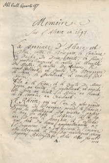 Mémoire sur la province d’Alsace en l’année 1697