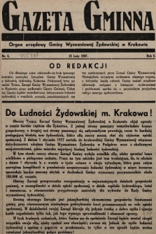 Gazeta Gminna : Organ Urzędowy Gminy Wyznaniowej Żydowskiej w Krakowie. 1937, nr 1
