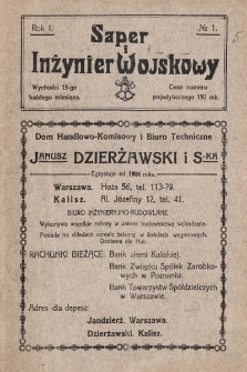 Saper i Inżynier Wojskowy : miesięcznik poświęcony służbie wojsk saperskich, fortyfikacji i budownictwu wojskowemu. 1922, nr 1