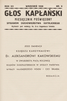 Głos Kapłański : miesięcznik poświęcony sprawom duchowieństwa katolickiego. 1938, nr 9
