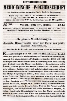 Oesterreichische Medicinische Wochenschrift als Ergänzungsblatt der Medicinischen Jahrbücher des k.k. Österreichischen Staates. 1841, nr 16