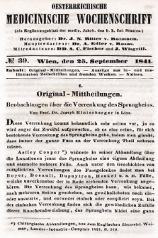 Oesterreichische Medicinische Wochenschrift als Ergänzungsblatt der Medicinischen Jahrbücher des k.k. Österreichischen Staates. 1841, nr 39
