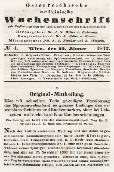 Oesterreichische Medicinische Wochenschrift als Ergänzungsblatt der Medicinischen Jahrbücher des k.k. Österreichischen Staates. 1842, nr 4
