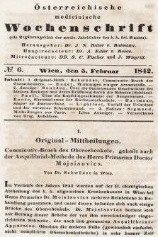 Oesterreichische Medicinische Wochenschrift als Ergänzungsblatt der Medicinischen Jahrbücher des k.k. Österreichischen Staates. 1842, nr 6