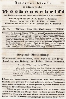 Oesterreichische Medicinische Wochenschrift als Ergänzungsblatt der Medicinischen Jahrbücher des k.k. Österreichischen Staates. 1842, nr 7