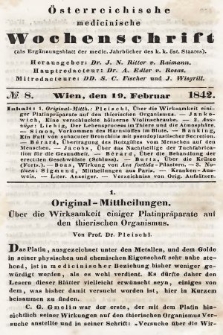 Oesterreichische Medicinische Wochenschrift als Ergänzungsblatt der Medicinischen Jahrbücher des k.k. Österreichischen Staates. 1842, nr 8