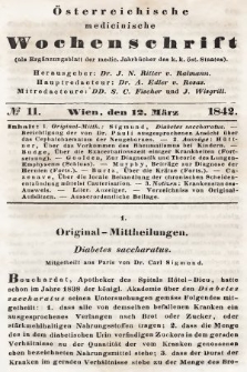 Oesterreichische Medicinische Wochenschrift als Ergänzungsblatt der Medicinischen Jahrbücher des k.k. Österreichischen Staates. 1842, nr 11