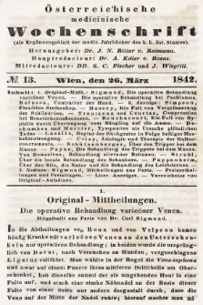 Oesterreichische Medicinische Wochenschrift als Ergänzungsblatt der Medicinischen Jahrbücher des k.k. Österreichischen Staates. 1842, nr 13