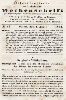 Oesterreichische Medicinische Wochenschrift als Ergänzungsblatt der Medicinischen Jahrbücher des k.k. Österreichischen Staates. 1842, nr 14
