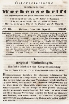 Oesterreichische Medicinische Wochenschrift als Ergänzungsblatt der Medicinischen Jahrbücher des k.k. Österreichischen Staates. 1842, nr 16