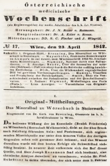 Oesterreichische Medicinische Wochenschrift als Ergänzungsblatt der Medicinischen Jahrbücher des k.k. Österreichischen Staates. 1842, nr 17