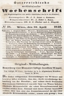 Oesterreichische Medicinische Wochenschrift als Ergänzungsblatt der Medicinischen Jahrbücher des k.k. Österreichischen Staates. 1842, nr 18