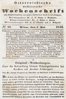 Oesterreichische Medicinische Wochenschrift als Ergänzungsblatt der Medicinischen Jahrbücher des k.k. Österreichischen Staates. 1842, nr 19