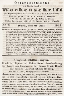 Oesterreichische Medicinische Wochenschrift als Ergänzungsblatt der Medicinischen Jahrbücher des k.k. Österreichischen Staates. 1842, nr 21