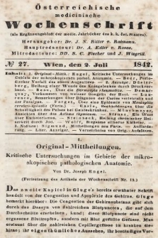 Oesterreichische Medicinische Wochenschrift als Ergänzungsblatt der Medicinischen Jahrbücher des k.k. Österreichischen Staates. 1842, nr 27