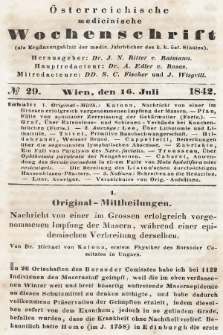 Oesterreichische Medicinische Wochenschrift als Ergänzungsblatt der Medicinischen Jahrbücher des k.k. Österreichischen Staates. 1842, nr 29
