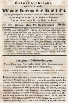 Oesterreichische Medicinische Wochenschrift als Ergänzungsblatt der Medicinischen Jahrbücher des k.k. Österreichischen Staates. 1842, nr 38