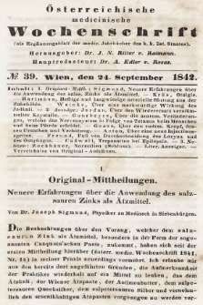 Oesterreichische Medicinische Wochenschrift als Ergänzungsblatt der Medicinischen Jahrbücher des k.k. Österreichischen Staates. 1842, nr 39