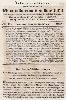 Oesterreichische Medicinische Wochenschrift als Ergänzungsblatt der Medicinischen Jahrbücher des k.k. Österreichischen Staates. 1842, nr 41
