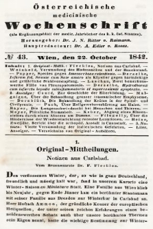 Oesterreichische Medicinische Wochenschrift als Ergänzungsblatt der Medicinischen Jahrbücher des k.k. Österreichischen Staates. 1842, nr 43