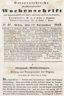 Oesterreichische Medicinische Wochenschrift als Ergänzungsblatt der Medicinischen Jahrbücher des k.k. Österreichischen Staates. 1842, nr 47