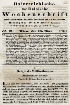 Oesterreichische Medicinische Wochenschrift als Ergänzungsblatt der Medicinischen Jahrbücher des k.k. Österreichischen Staates. 1843, nr 12