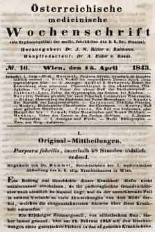 Oesterreichische Medicinische Wochenschrift als Ergänzungsblatt der Medicinischen Jahrbücher des k.k. Österreichischen Staates. 1843, nr 16