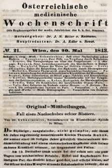 Oesterreichische Medicinische Wochenschrift als Ergänzungsblatt der Medicinischen Jahrbücher des k.k. Österreichischen Staates. 1843, nr 21