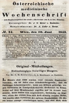 Oesterreichische Medicinische Wochenschrift als Ergänzungsblatt der Medicinischen Jahrbücher des k.k. Österreichischen Staates. 1843, nr 24