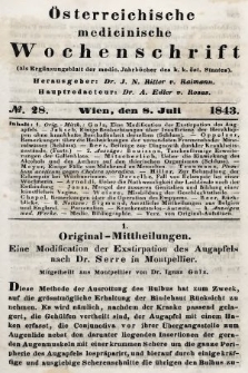 Oesterreichische Medicinische Wochenschrift als Ergänzungsblatt der Medicinischen Jahrbücher des k.k. Österreichischen Staates. 1843, nr 28