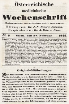 Oesterreichische Medicinische Wochenschrift als Ergänzungsblatt der Medicinischen Jahrbücher des k.k. Österreichischen Staates. 1844, nr 8