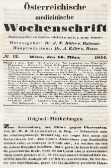 Oesterreichische Medicinische Wochenschrift als Ergänzungsblatt der Medicinischen Jahrbücher des k.k. Österreichischen Staates. 1844, nr 12