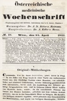 Oesterreichische Medicinische Wochenschrift als Ergänzungsblatt der Medicinischen Jahrbücher des k.k. Österreichischen Staates. 1844, nr 18