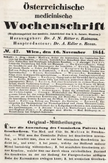 Oesterreichische Medicinische Wochenschrift als Ergänzungsblatt der Medicinischen Jahrbücher des k.k. Österreichischen Staates. 1844, nr 47