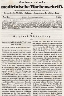 Oesterreichische Medicinische Wochenschrift als Ergänzungsblatt der Medicinischen Jahrbücher des k.k. Österreichischen Staates. 1845, nr 38