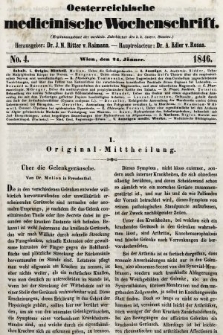 Oesterreichische Medicinische Wochenschrift als Ergänzungsblatt der Medicinischen Jahrbücher des k.k. Österreichischen Staates. 1846, nr 4