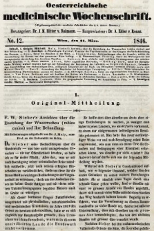 Oesterreichische Medicinische Wochenschrift als Ergänzungsblatt der Medicinischen Jahrbücher des k.k. Österreichischen Staates. 1846, nr 12