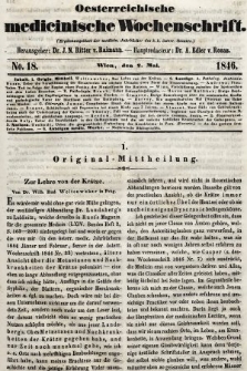 Oesterreichische Medicinische Wochenschrift als Ergänzungsblatt der Medicinischen Jahrbücher des k.k. Österreichischen Staates. 1846, nr 18