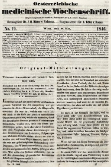 Oesterreichische Medicinische Wochenschrift als Ergänzungsblatt der Medicinischen Jahrbücher des k.k. Österreichischen Staates. 1846, nr 19